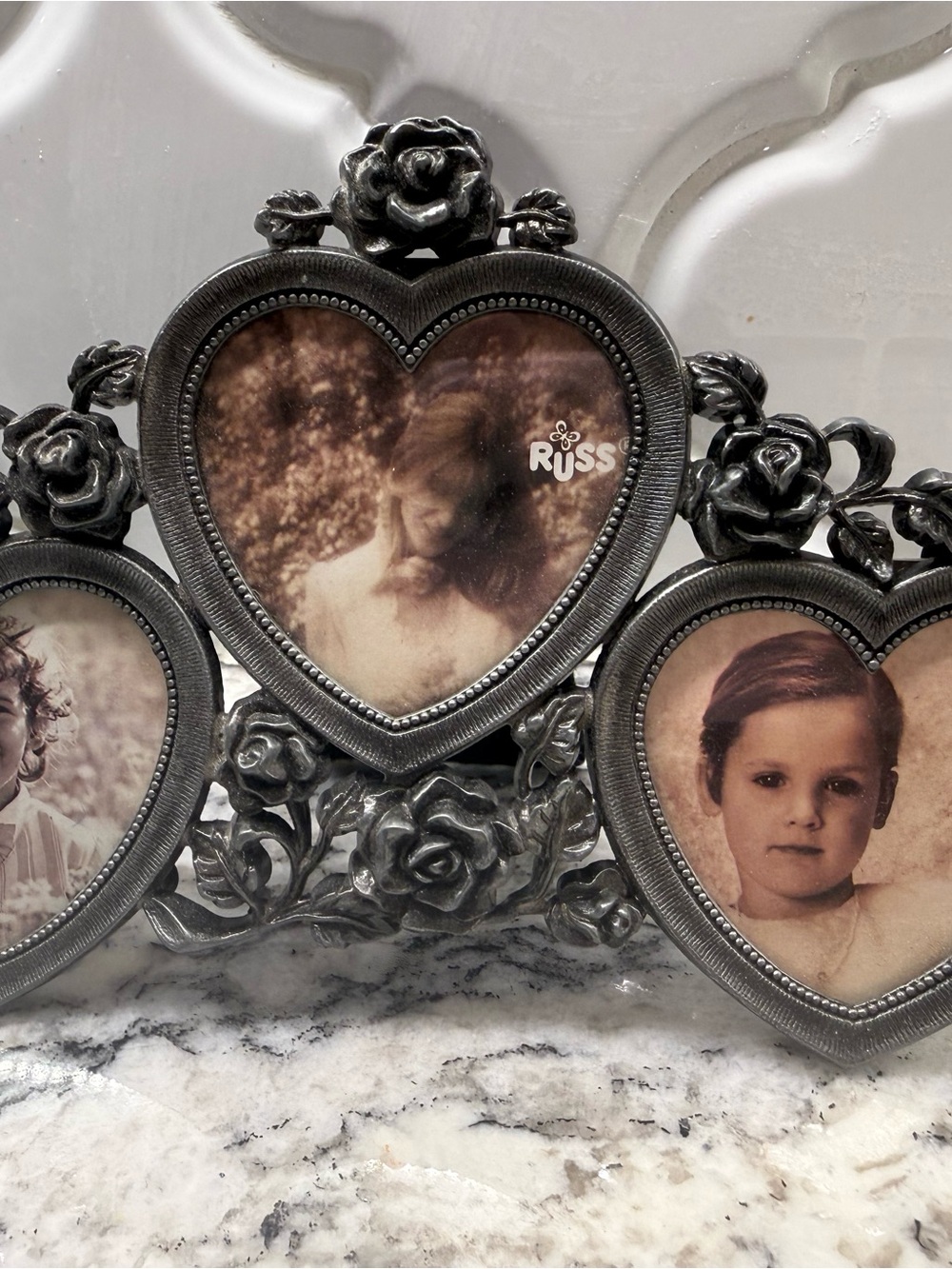 Russ Berrie Vintage Triple Heart Photo Frame in Pewter Gray with Rose Accents